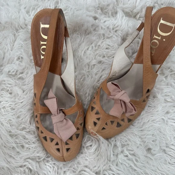 Vintage Christian Dior Tan and Pink Heels with Ribbon Bow - Picture 2 of 14